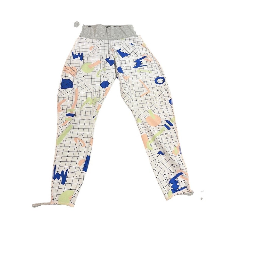 Nike Leggings Womens Size L White Grid‎ Abstract Print Gray Waist